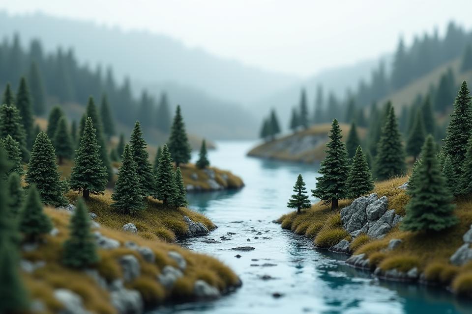 Overhead view of a detailed miniature mountain landscape with miniature trees and flowing river, representing the mission of Spheraliondex Summit Craftworx.
