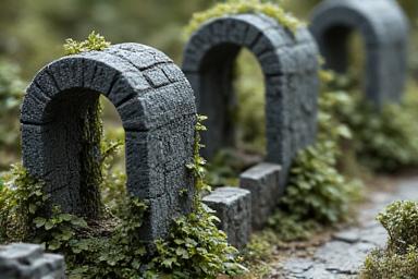 Diorama of ancient ruins overgrown with vines