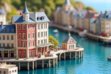 Detailed miniature coastal town diorama with boats