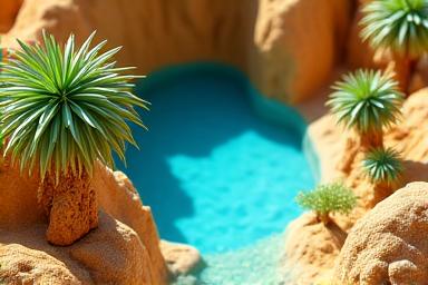 Desert oasis diorama with miniature palm trees and blue water