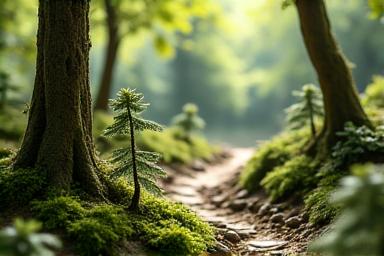 Intricate forest diorama with tiny trees and moss