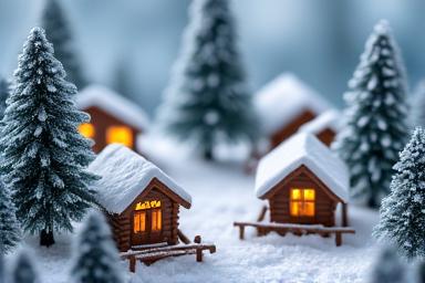 Snowy diorama with tiny cabins and frosted trees