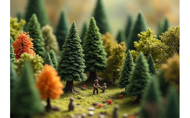 Detailed miniature trees and shrubs in a forest diorama