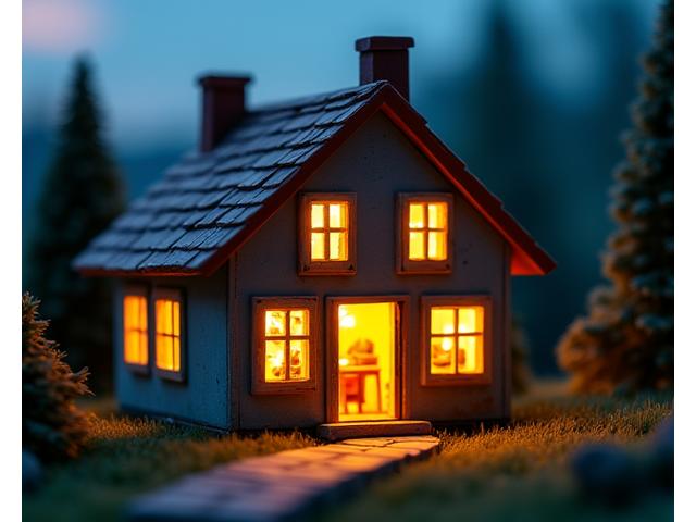A glowing miniature house model with interior LED lighting