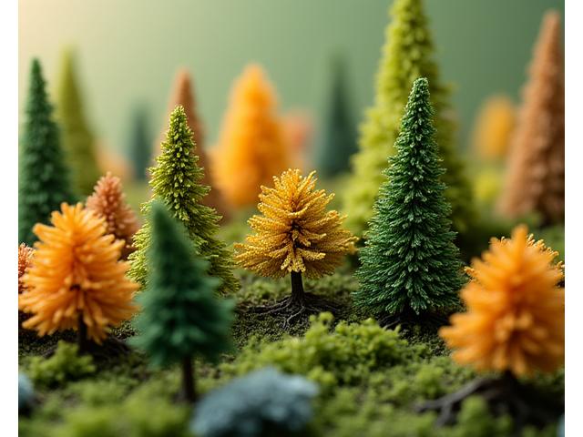 Close-up of highly realistic miniature trees and bushes