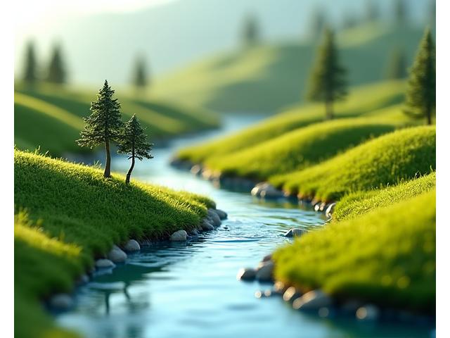 A detailed miniature landscape with rolling hills and a tiny stream