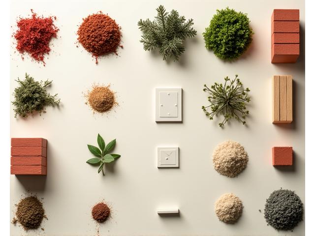 A collection of diverse miniature building materials, including miniature bricks, wood, and foliage