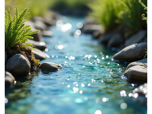 A miniature scene with a clear, flowing resin river and tiny ripples