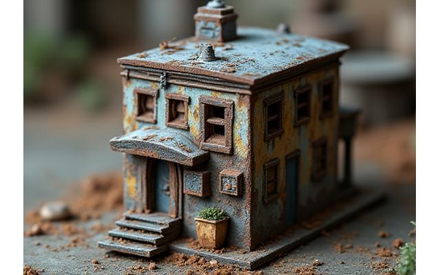 Miniature structure with weathered paint effects