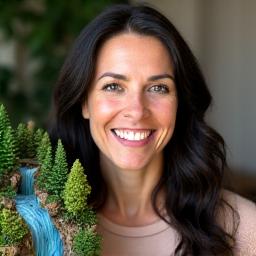 Professional headshot of Elara Stone, a woman with warm eyes and a friendly smile, standing next to a meticulously crafted diorama.