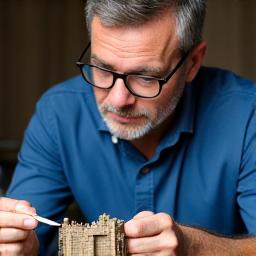 Professional headshot of Kai Reynolds, a focused man with glasses, examining a miniature model with precision tools.