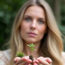 Professional headshot of Lyra Moon, a serene woman with a peaceful expression, holding a miniature plant.