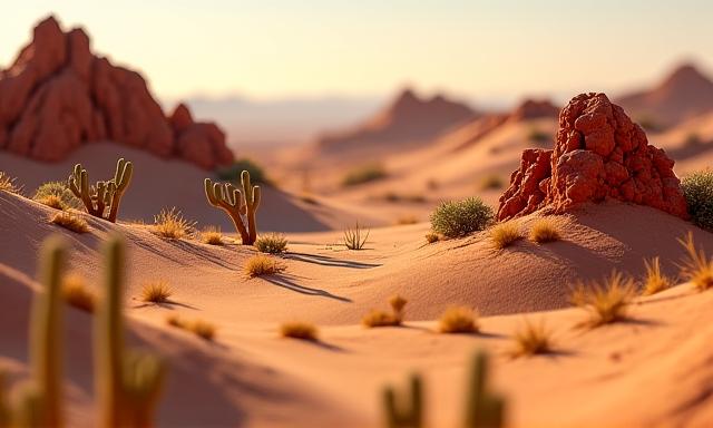 A miniature arid landscape diorama with realistic sand dunes, rocky outcrops, and sparse desert vegetation
