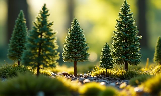 A miniature forest diorama with incredibly detailed, natural-looking trees and foliage