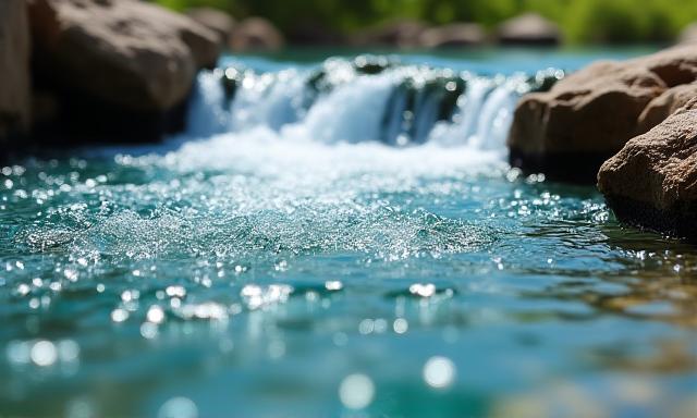 A miniature diorama featuring a realistic-looking river or waterfall with crystal clear, flowing water effects