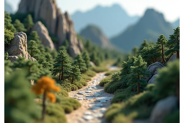 Close-up of a highly detailed miniature diorama featuring a sprawling landscape with tiny trees and mountains